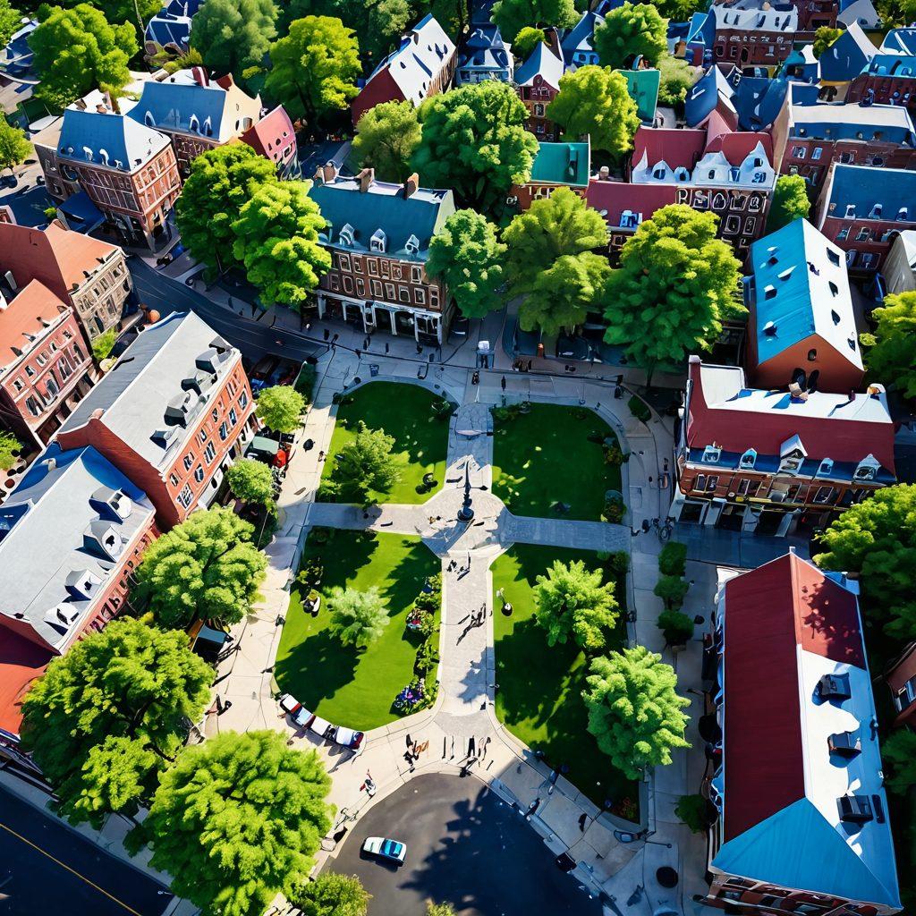 A stunning aerial view of Batavia's vibrant landscape, showcasing lush green parks, historic architecture, and hidden cafes along charming cobblestone streets. Include colorful street art and friendly locals enjoying their day. The image should evoke a sense of adventure and curiosity, inviting viewers to explore hidden gems. super-realistic. vibrant colors. 3D.