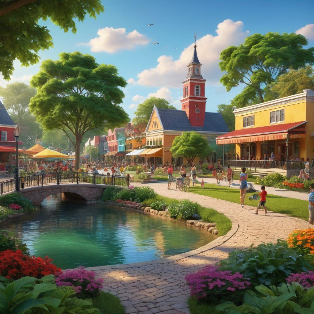 A vibrant scene capturing the essence of Batavia with families enjoying parks, local attractions, and cultural festivities. Include colorful landmarks, children playing, and happy faces to emphasize the joyful spirit. Lush greenery and playful elements create an inviting atmosphere. super-realistic. vibrant colors. 3D.
