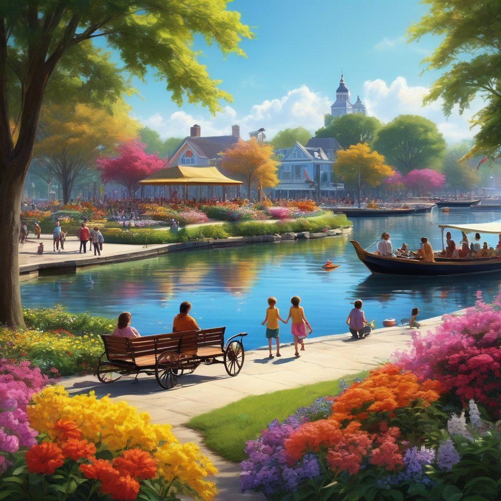 A vibrant scene showcasing the essence of Batavia, featuring a lively family enjoying iconic attractions like parks and waterfronts, surrounded by colorful flowers and playful children. Include elements representing diverse events like festivals, outdoor concerts, and recreational activities. Use bright, inviting colors to evoke happiness and joy. super-realistic. vibrant colors. sunny day.